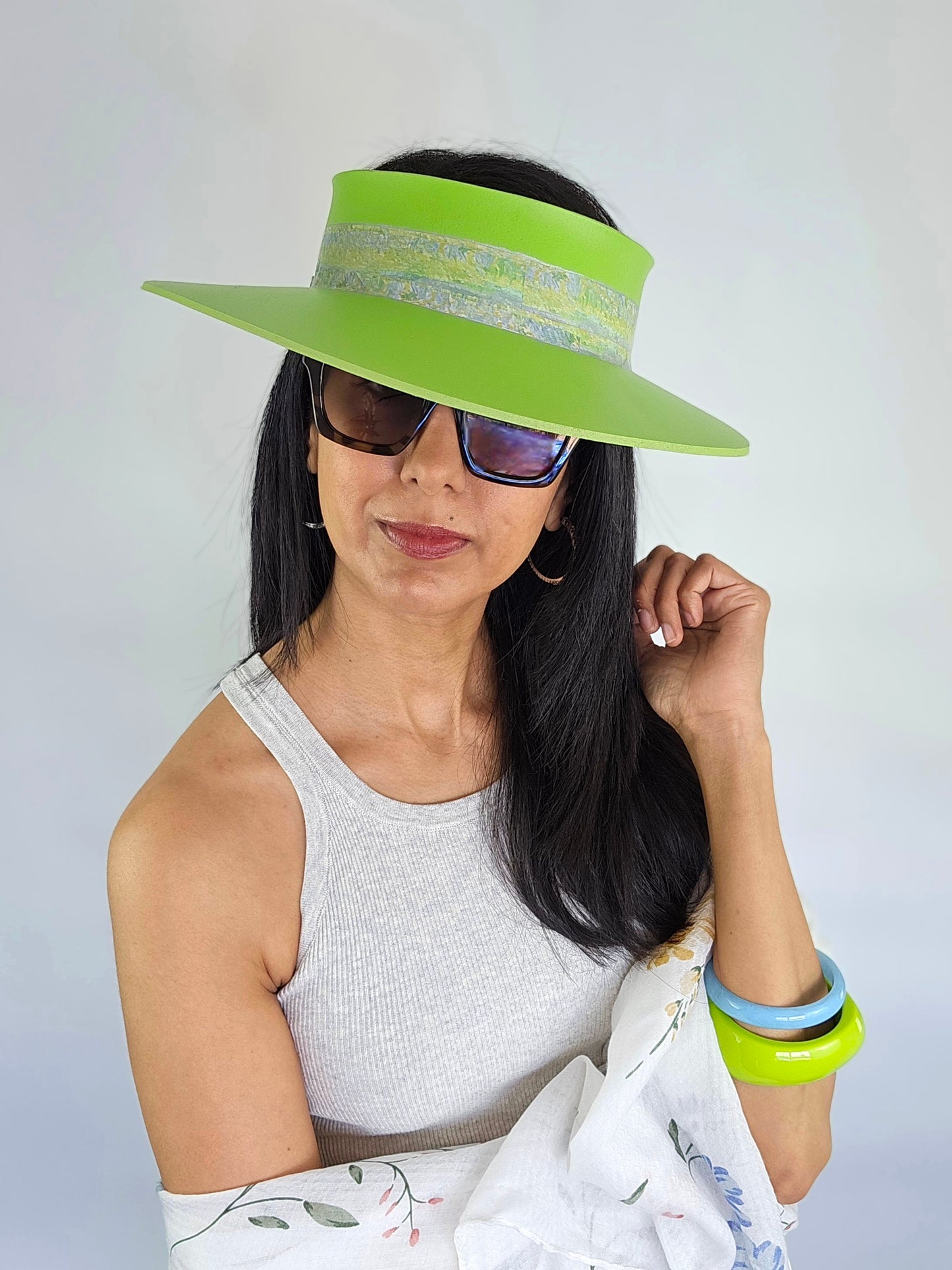 Neon Green Audrey Sun Visor Hat with Lovely Monet Style Floral Band: Tea, Walks, Brunch, Asian, Golf, Summer, Church, No Headache, Pool, Beach