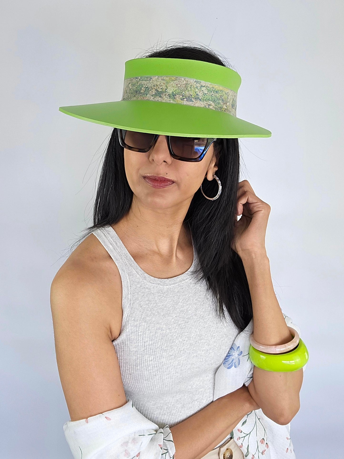 Neon Green Audrey Sun Visor Hat with Beautiful Pastel Monet Style Band: 1950s, Walks, Brunch, Asian, Golf, Summer, Church, No Headache, Pool, Beach
