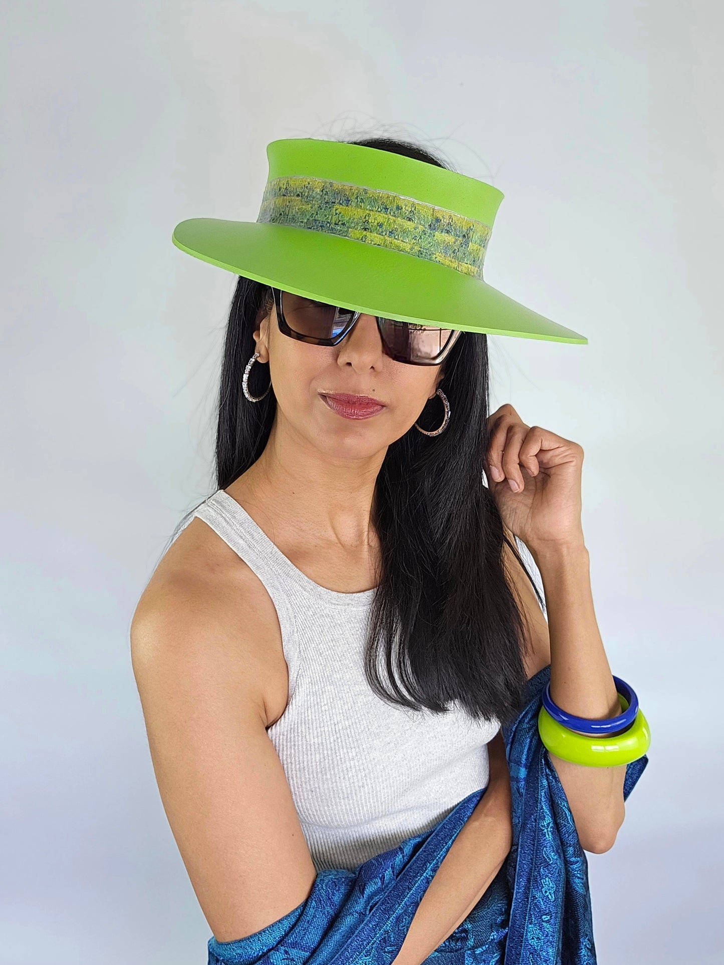 Neon Green Audrey Sun Visor Hat with Elegant Botanical Band: 1950s, Walks, Brunch, Asian, Golf, Summer, Church, No Headache, Pool, Beach