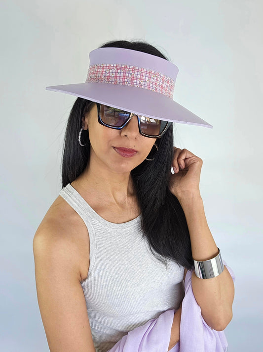 Lilac Purple Audrey Sun Visor Hat with Cute Multicolor Pastel Plaid Style Band: 1950s, Walks, Brunch, Asian, Golf, Summer, Church, No Headache, Pool, Beach