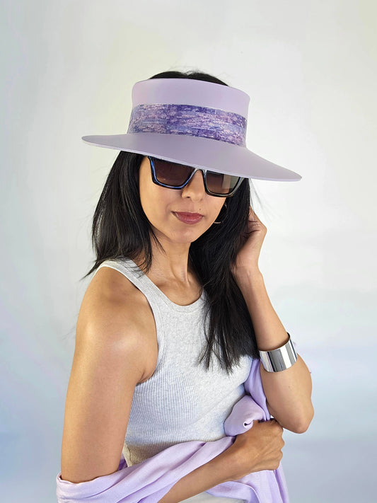 Tall Lilac Purple Audrey Sun Visor Hat with Elegant Purple Monet Style Band: 1950s, Walks, Brunch, Asian, Golf, Summer, Church, No Headache, Pool, Beach