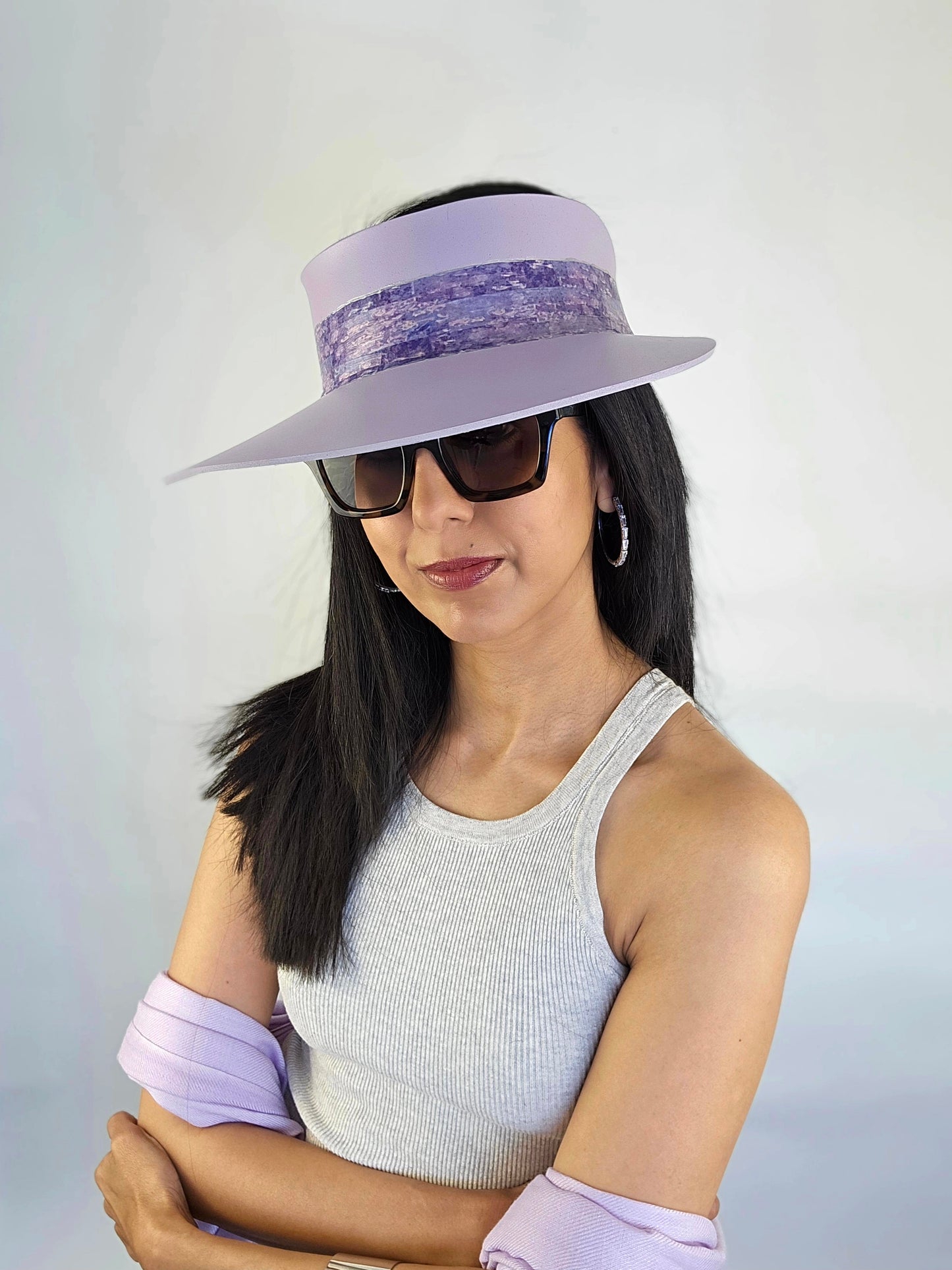 Tall Lilac Purple Audrey Sun Visor Hat with Elegant Purple Monet Style Band: 1950s, Walks, Brunch, Asian, Golf, Summer, Church, No Headache, Pool, Beach