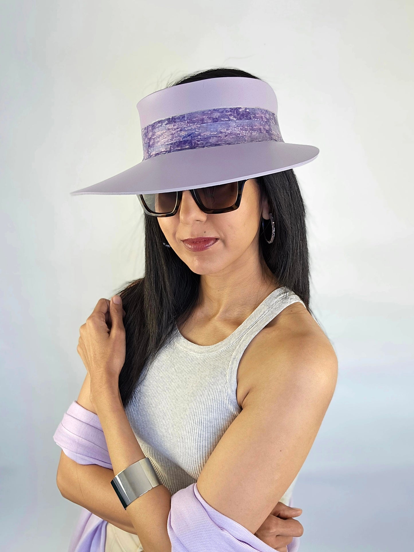 Tall Lilac Purple Audrey Sun Visor Hat with Elegant Purple Monet Style Band: 1950s, Walks, Brunch, Asian, Golf, Summer, Church, No Headache, Pool, Beach