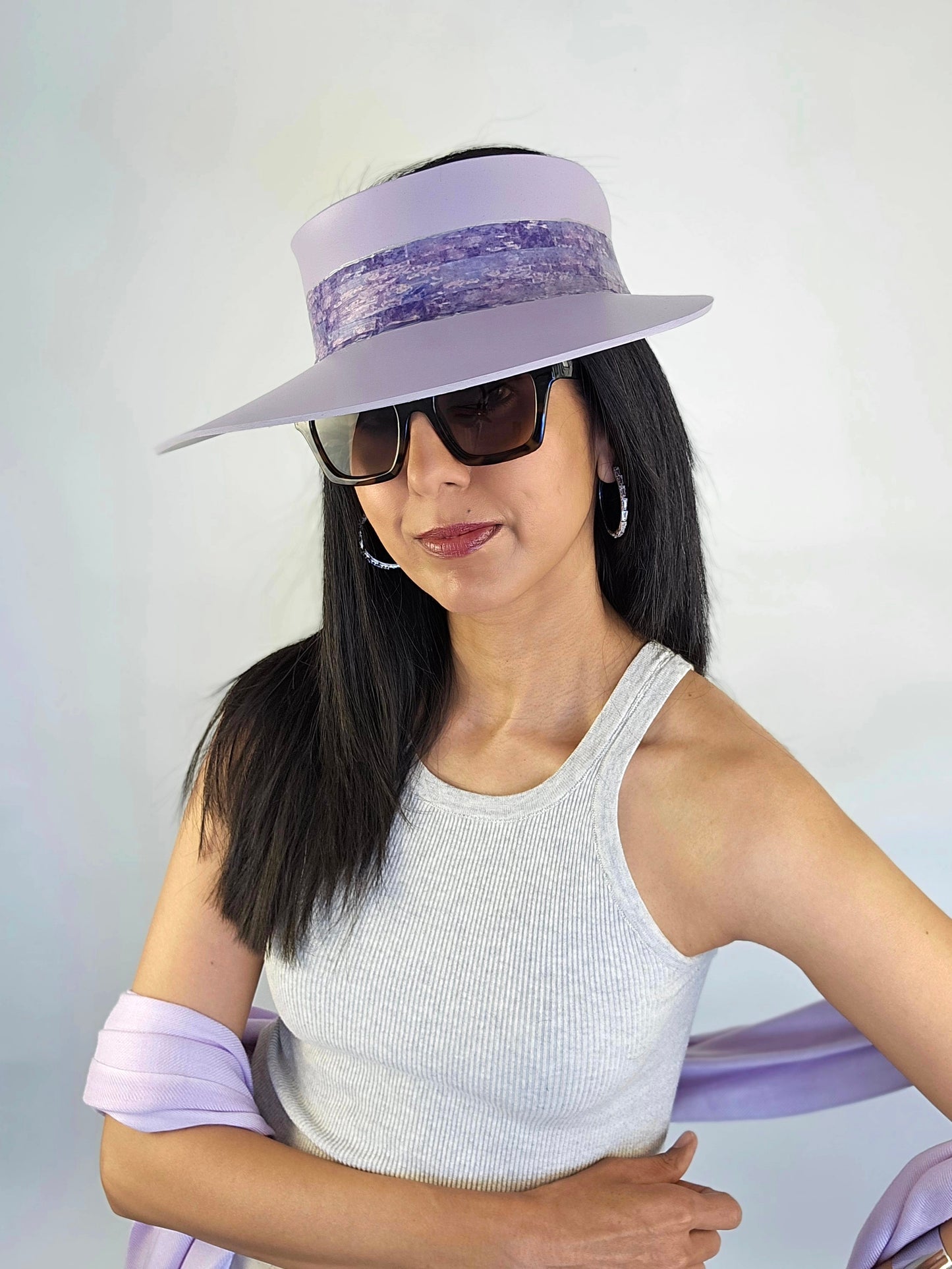 Tall Lilac Purple Audrey Sun Visor Hat with Elegant Purple Monet Style Band: 1950s, Walks, Brunch, Asian, Golf, Summer, Church, No Headache, Pool, Beach