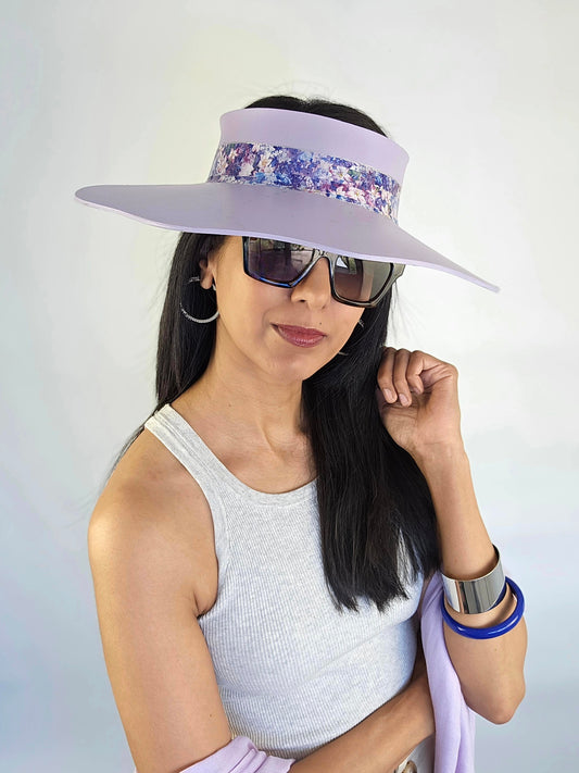 Lilac Purple Lotus Sun Visor Hat with Elegant Purple Floral Band and Silver Paint Splatter Effect: 1950s, Walks, Brunch, Asian, Golf, Summer, Church, No Headache, Pool, Beach