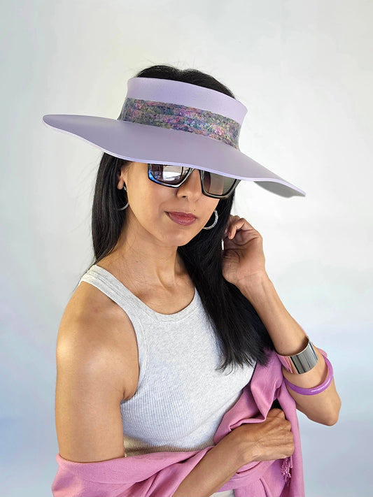 Lilac Purple Lotus Sun Visor Hat with Elegant Monet Style Floral Band and Silver Paint Splatter Effect: 1950s, Walks, Brunch, Asian, Golf, Summer, Church, No Headache, Pool, Beach