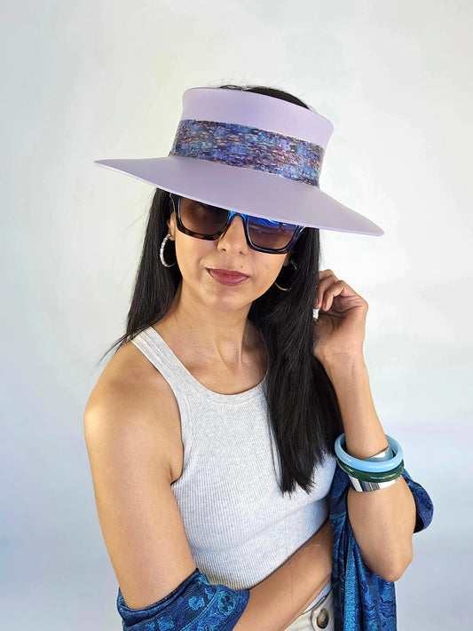 Tall Lilac Purple Audrey Sun Visor Hat with Elegant Multicolor Monet Style Band: 1950s, Walks, Brunch, Asian, Golf, Summer, Church, No Headache, Pool, Beach