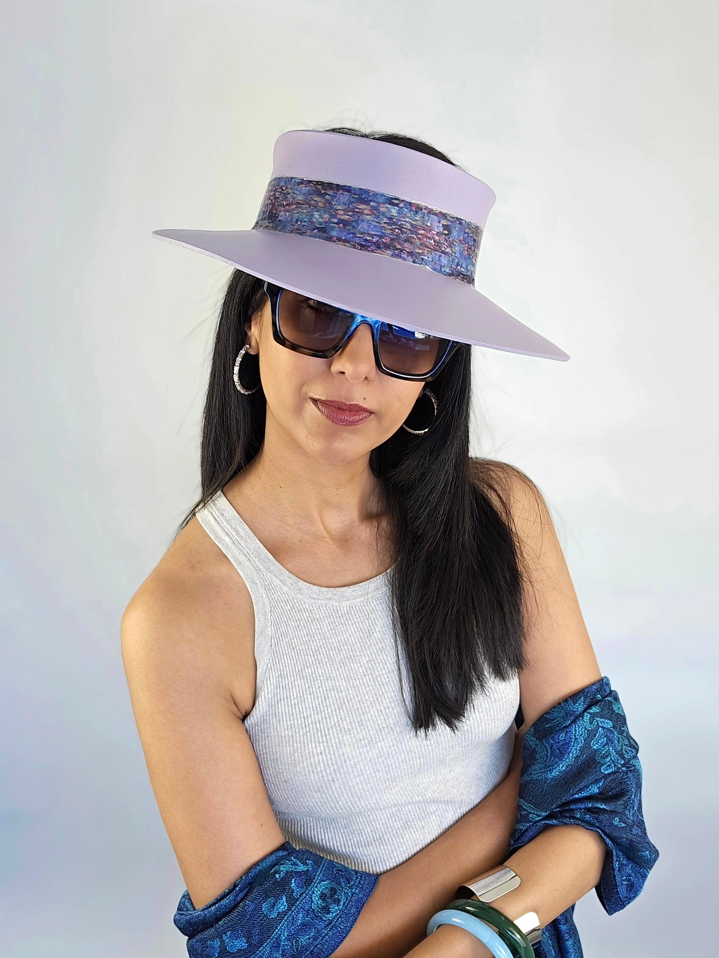 Tall Lilac Purple Audrey Sun Visor Hat with Elegant Multicolor Monet Style Band: 1950s, Walks, Brunch, Asian, Golf, Summer, Church, No Headache, Pool, Beach