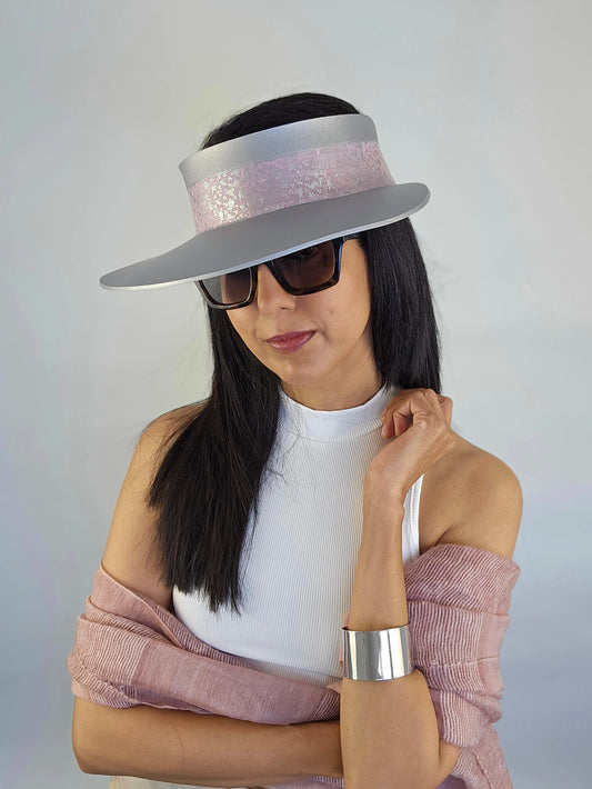 Tall Trending Silver Audrey Sun Visor Hat with Pink and Silver Floral Band: 1950s, Walks, Brunch, Asian, Golf, Summer, Church, No Headache, Pool, Beach