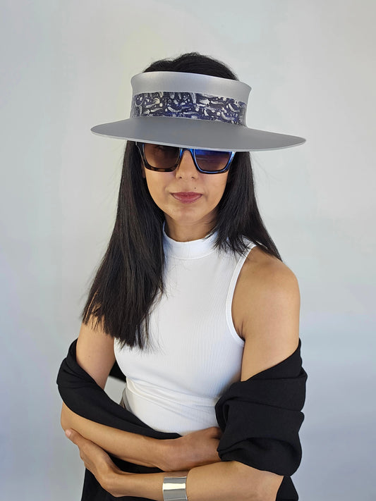 Trending Silver Audrey Sun Visor Hat with Dark Blue and Silver Celestial Themed Band: 1950s, Walks, Brunch, Asian, Golf, Summer, Church, No Headache, Pool, Beach