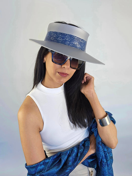 Tall Trending Silver Audrey Sun Visor Hat with Dark Blue Purple Celestial Themed Band: 1950s, Walks, Brunch, Asian, Golf, Summer, Church, No Headache, Pool, Beach