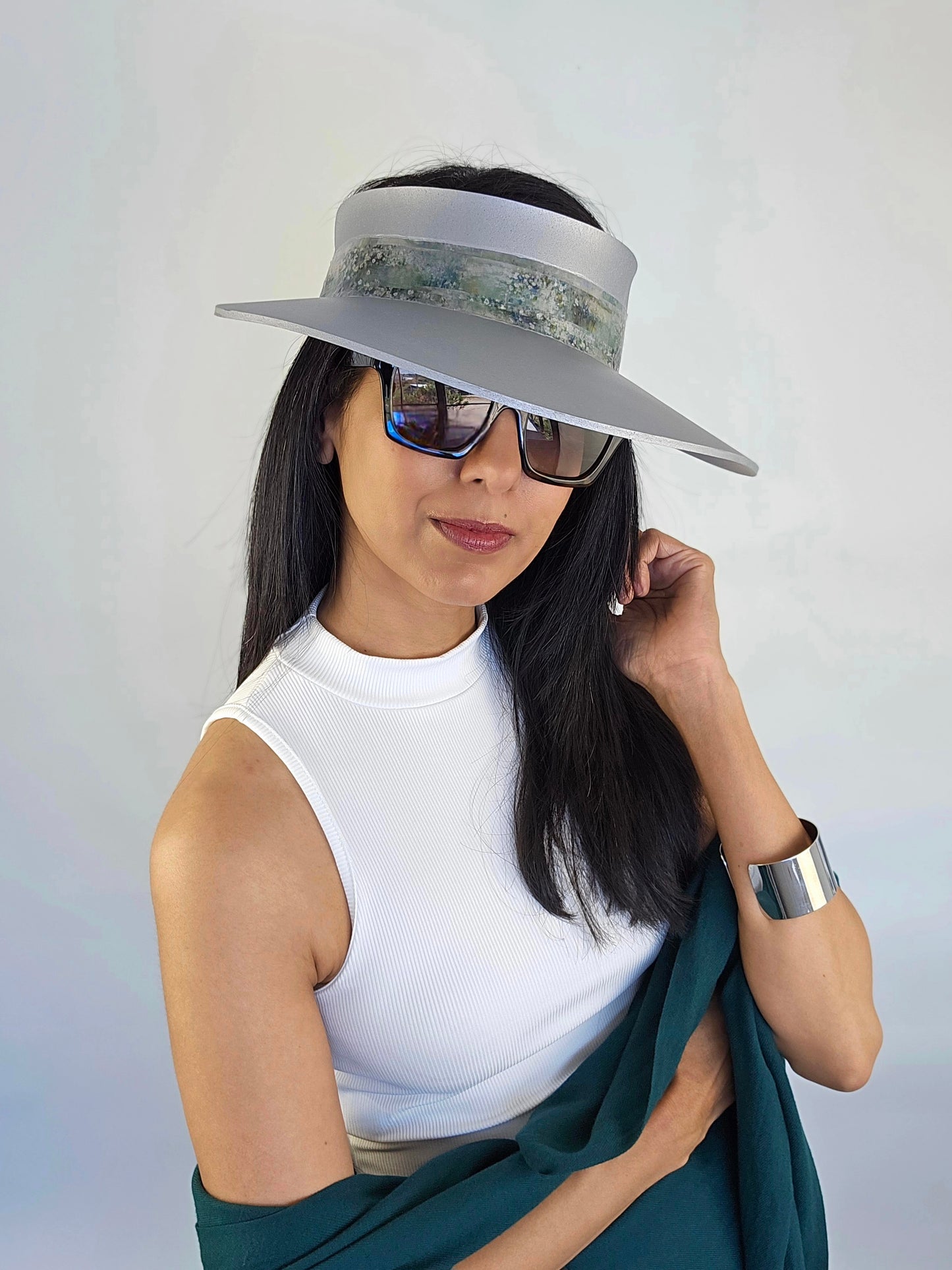 Trending Silver Audrey Sun Visor Hat with Lovely Green Monet Style Band: 1950s, Walks, Brunch, Asian, Golf, Summer, Church, No Headache, Pool, Beach