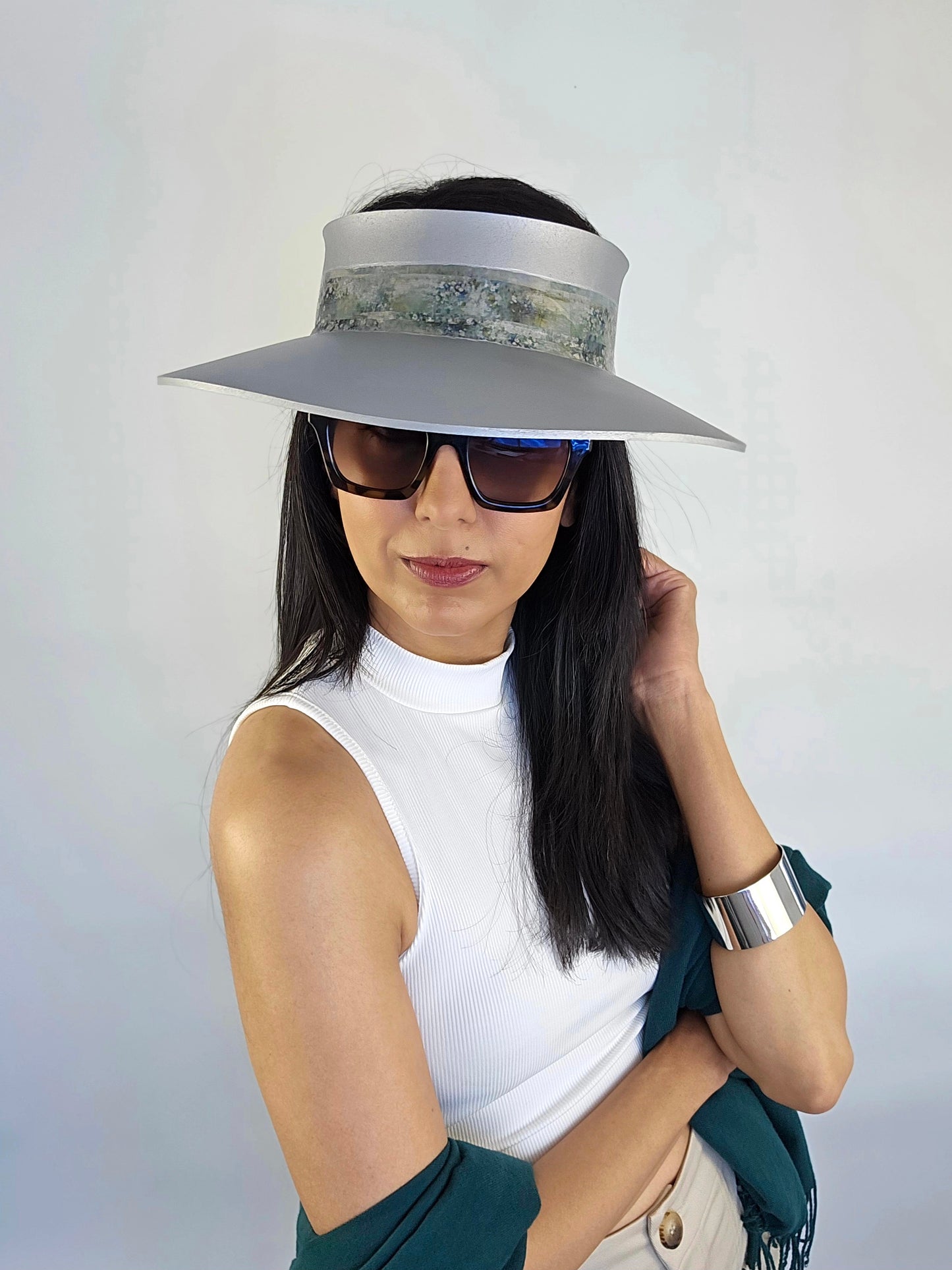 Trending Silver Audrey Sun Visor Hat with Lovely Green Monet Style Band: 1950s, Walks, Brunch, Asian, Golf, Summer, Church, No Headache, Pool, Beach