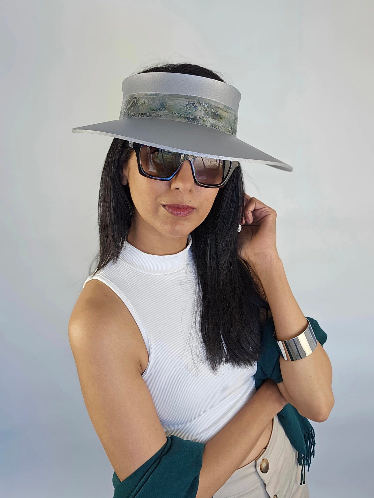 Trending Silver Audrey Sun Visor Hat with Lovely Green Monet Style Band: 1950s, Walks, Brunch, Asian, Golf, Summer, Church, No Headache, Pool, Beach