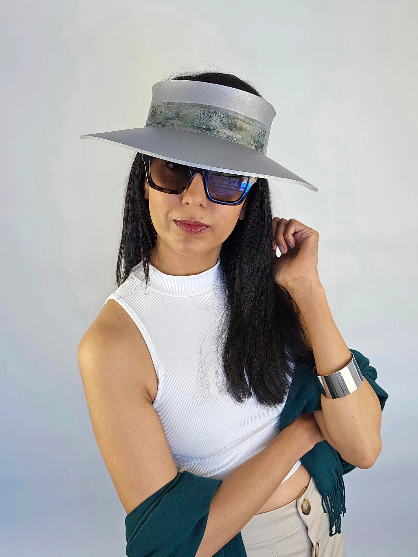 Trending Silver Audrey Sun Visor Hat with Lovely Green Monet Style Band: 1950s, Walks, Brunch, Asian, Golf, Summer, Church, No Headache, Pool, Beach