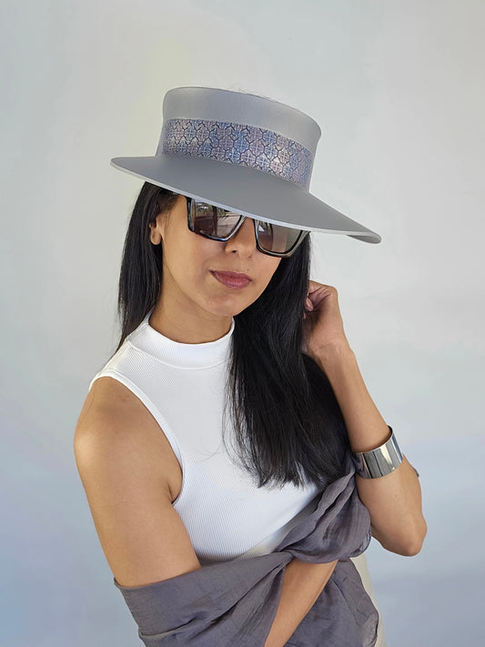 Tall Trending Silver Audrey Sun Visor Hat with Blue, Lavender and Silver Geometric Band: 1950s, Walks, Brunch, Asian, Golf, Summer, Church, No Headache, Pool, Beach