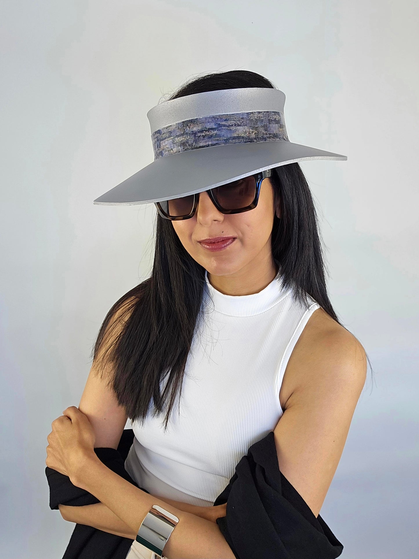 Trending Silver Audrey Sun Visor Hat with Lavender Monet Style Band: 1950s, Walks, Brunch, Asian, Golf, Summer, Church, No Headache, Pool, Beach