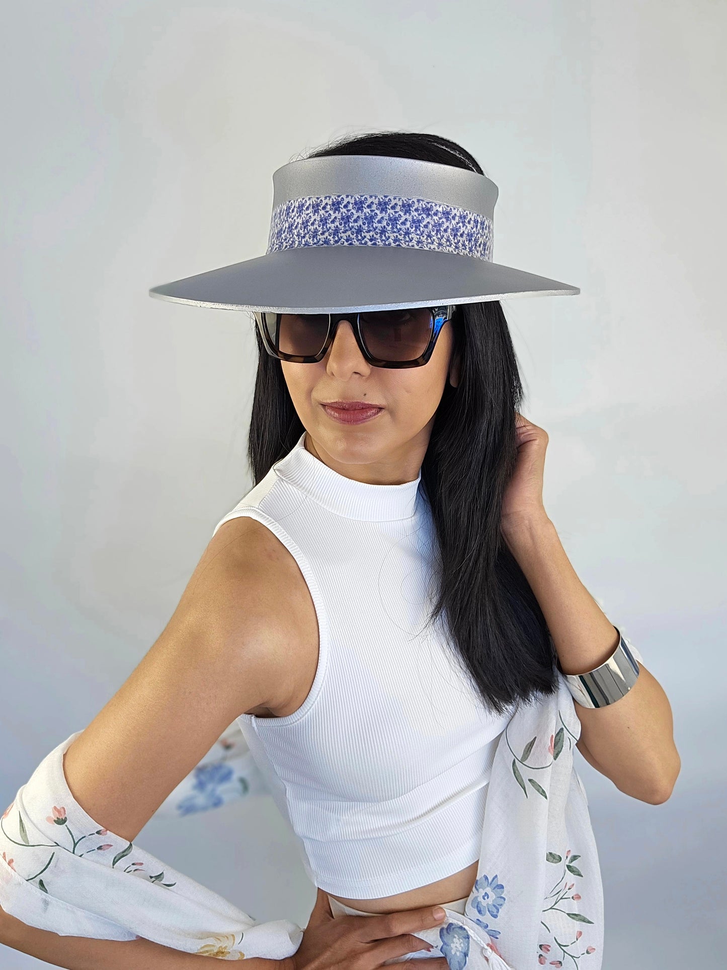 Trending Silver Audrey Sun Visor Hat with Stylish China Blue Band: 1950s, Walks, Brunch, Asian, Golf, Summer, Church, No Headache, Pool, Beach
