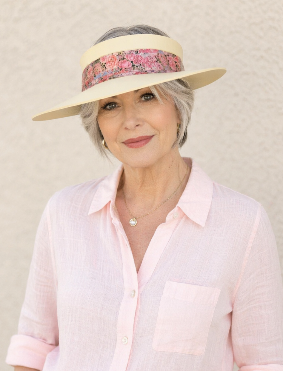 Beige Visor Hat - Pink and Red Floral Band
