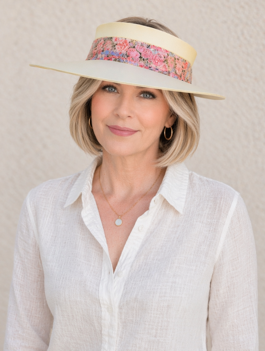 Beige Visor Hat - Pink and Red Floral Band