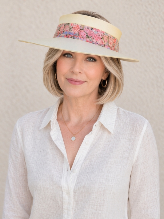 Beige Visor Hat - Pink and Red Floral Band