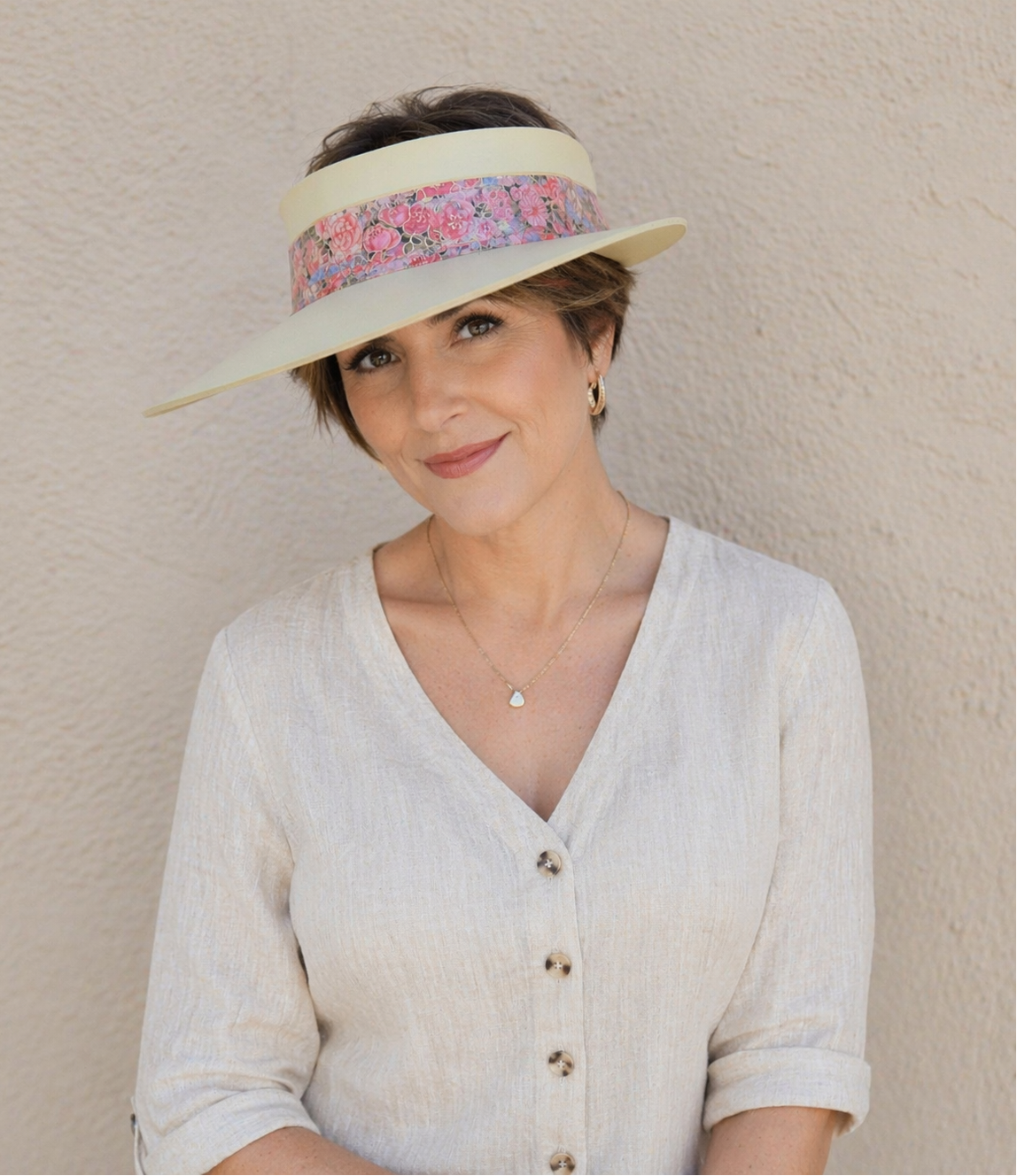 Beige Visor Hat - Pink and Red Floral Band