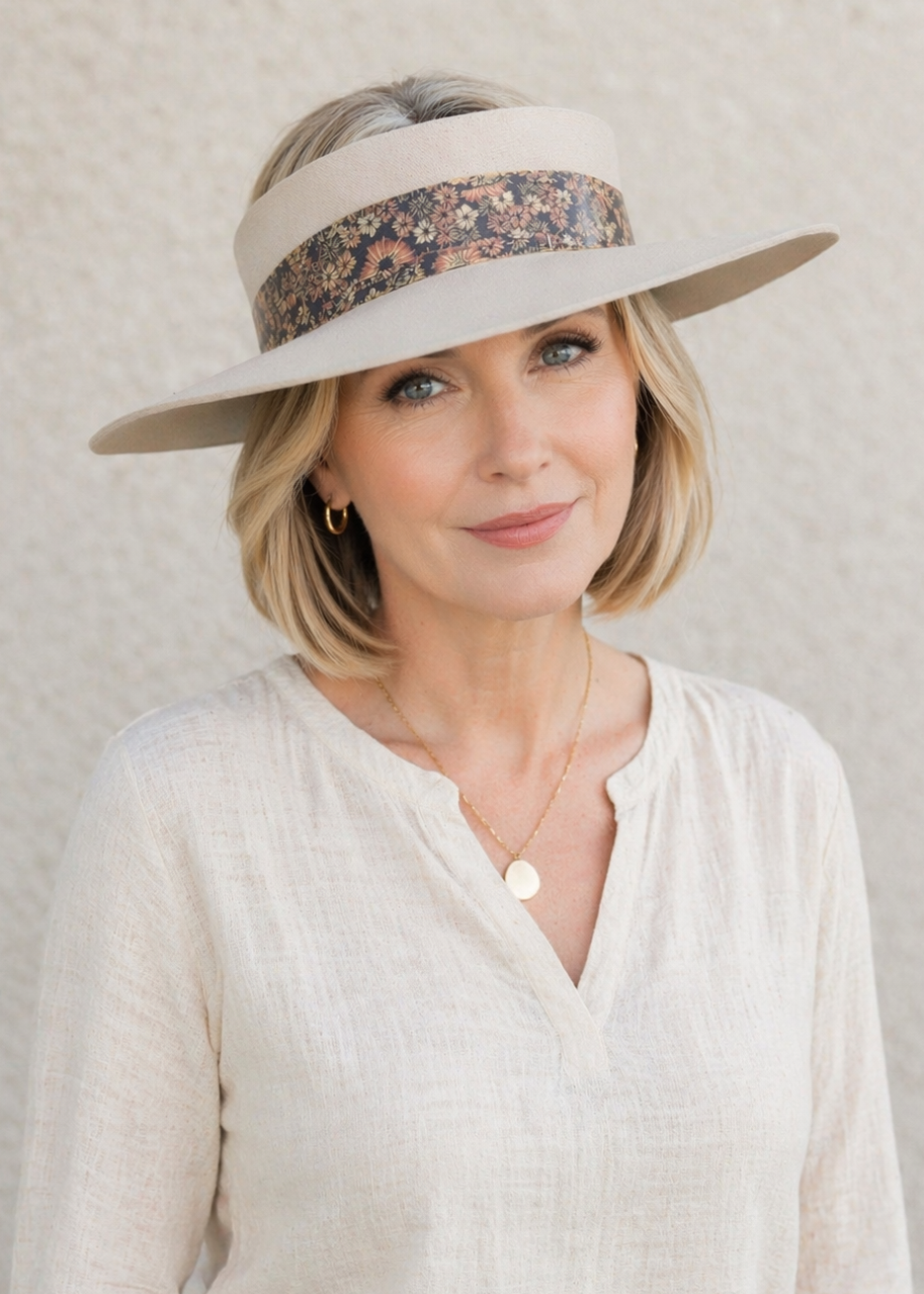 Taupe Visor Hat - Warm Brown Floral Band