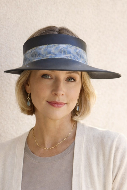 Black Visor Hat - Pale Blue Band and Handpainted Floral Motif