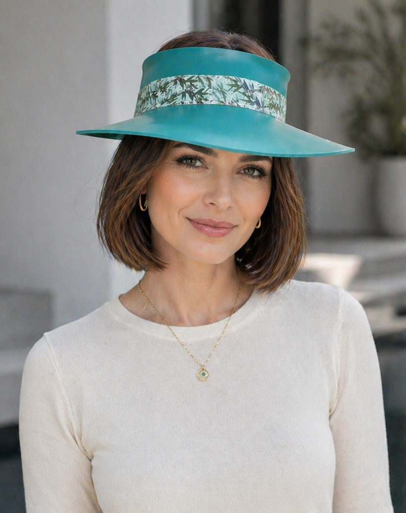 Emerald Green Visor Hat - Leaf Band and Handpainted Floral Motif