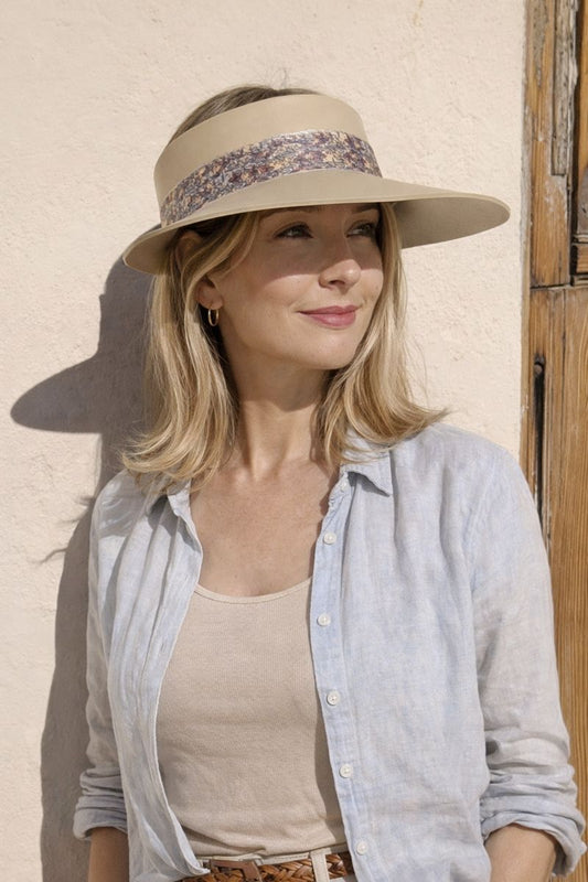 Beige "LadyEVA" Visor Hat with Soft Purple Floral Band