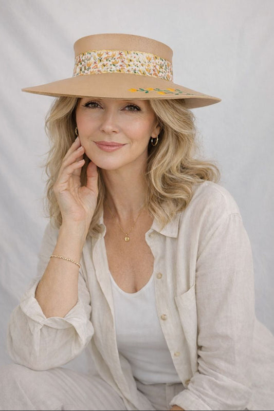 Tan "LadyEVA" Visor Hat with Autumn Floral Band and Handpainted Orange Floral Motif