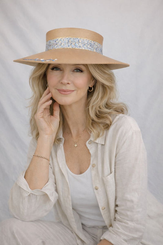 Tan "LadyEVA" Visor Hat with Floral Band and Handpainted Blue Floral Motif
