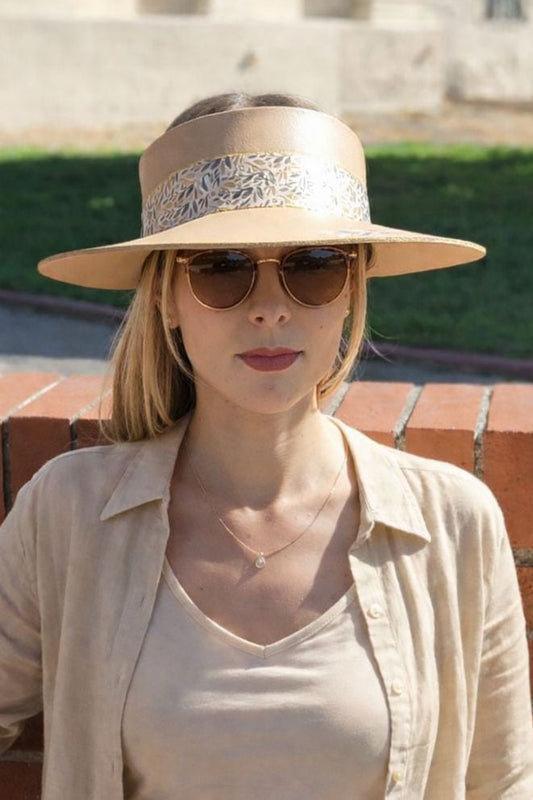 Tall Tan "LadyEVA" Visor Hat with Golden Autumn Floral Band and Handpainted Blue Floral Motif