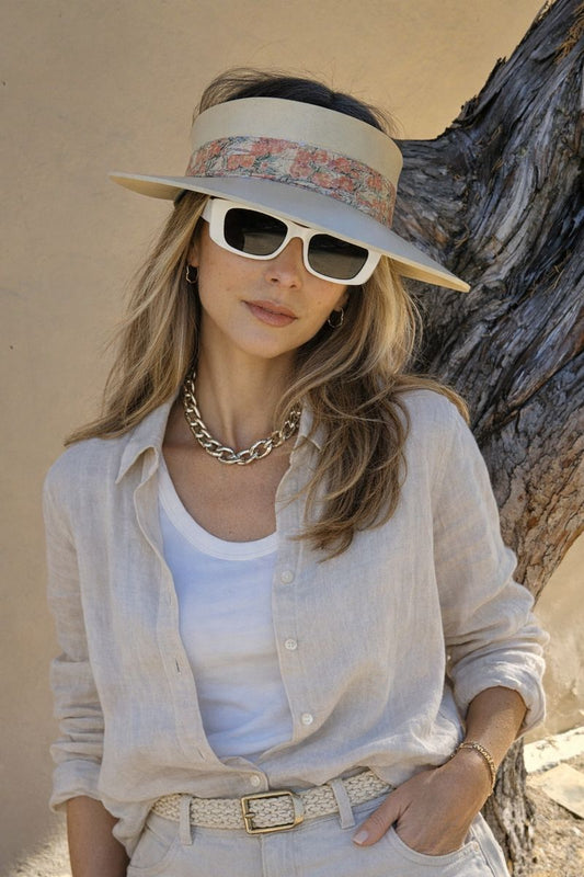 Beige "LadyEVA" Visor Hat with Orange Pink Floral Band