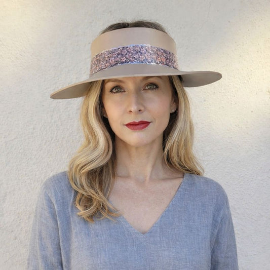 Tan "LadyEVA" Visor Hat with  Elegant Purple Floral Band