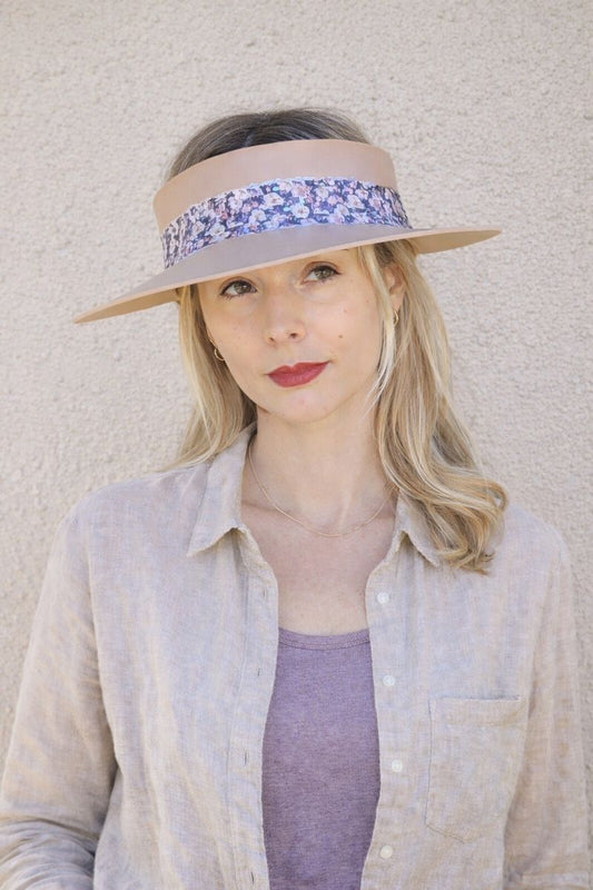Tan "LadyEVA" Visor Hat with Dark Floral Band and Silver Accents