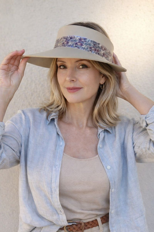 Beige "LadyEVA" Visor Hat with Soft Purple Floral Band