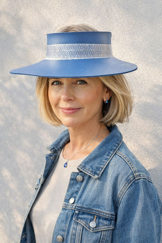 Navy Blue "LadyEVA" Visor Hat with Silver Geometric Band and Handpainted Floral Motif