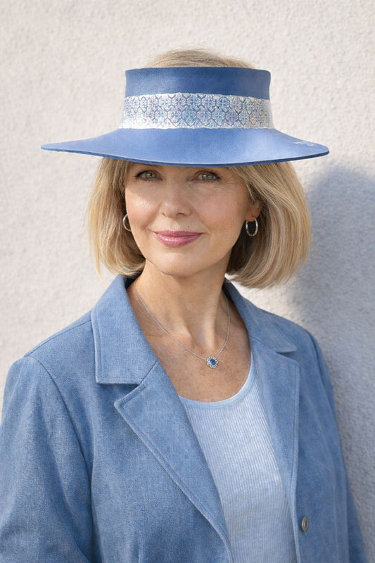 Navy Blue "LadyEVA" Visor Hat with Silver Geometric Band and Handpainted Floral Motif