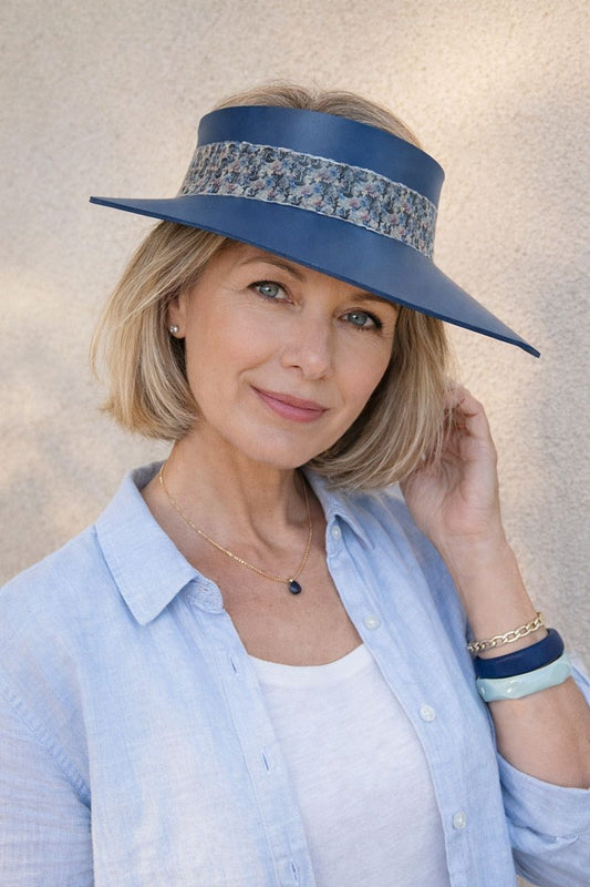 Navy Blue "LadyEVA" Visor Hat with Dark Floral Band