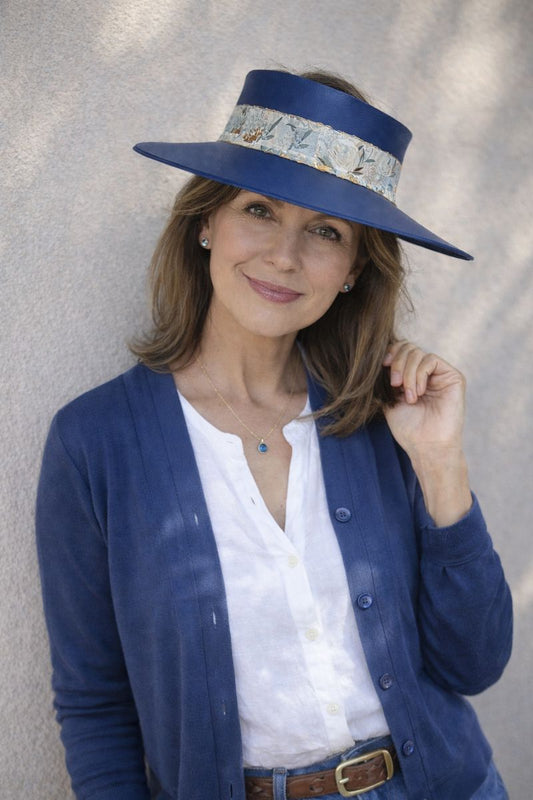Tall Navy Blue "LadyEVA" Visor Hat with Golden Floral Band
