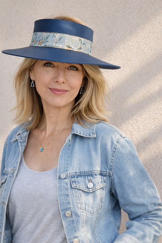 Tall Navy Blue "LadyEVA" Visor Hat with Golden Floral Band