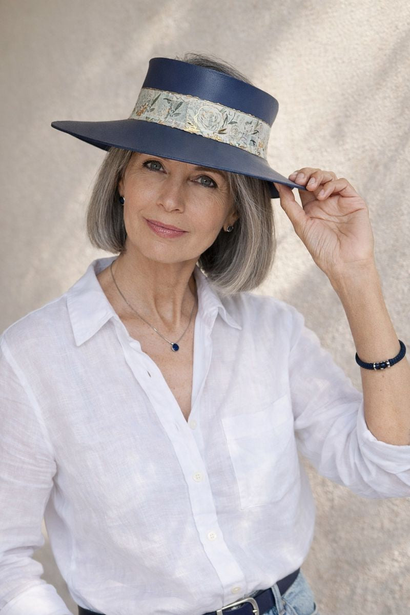 Tall Navy Blue "LadyEVA" Visor Hat with Golden Floral Band