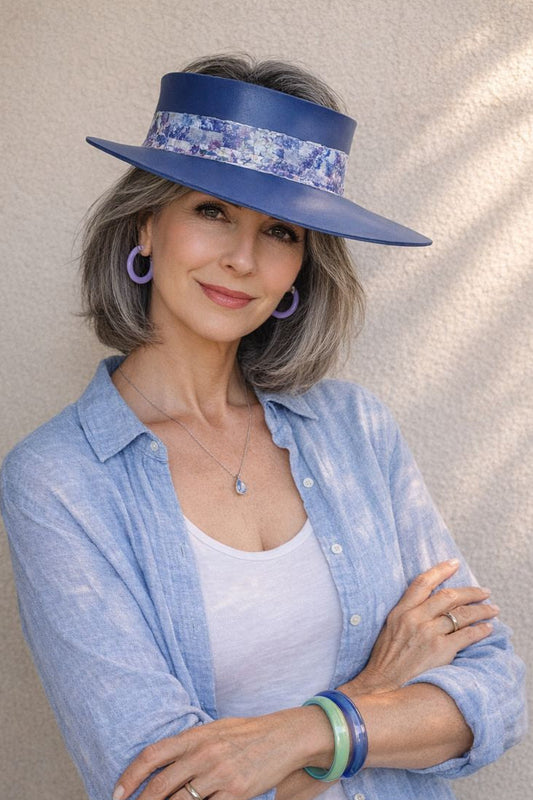 Navy Blue "LadyEVA" Visor Hat with Blue and Purple Floral Band