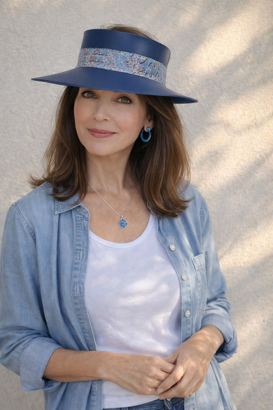 Tall Navy Blue "LadyEVA" Visor Hat with Pink and Blue Floral Band