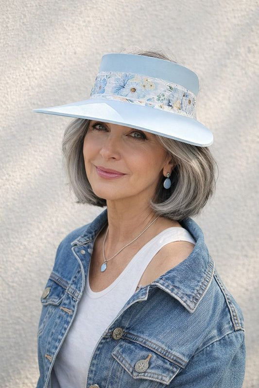 Tall Light Blue "LadyEVA" Visor Hat with Bold Blue Floral Band