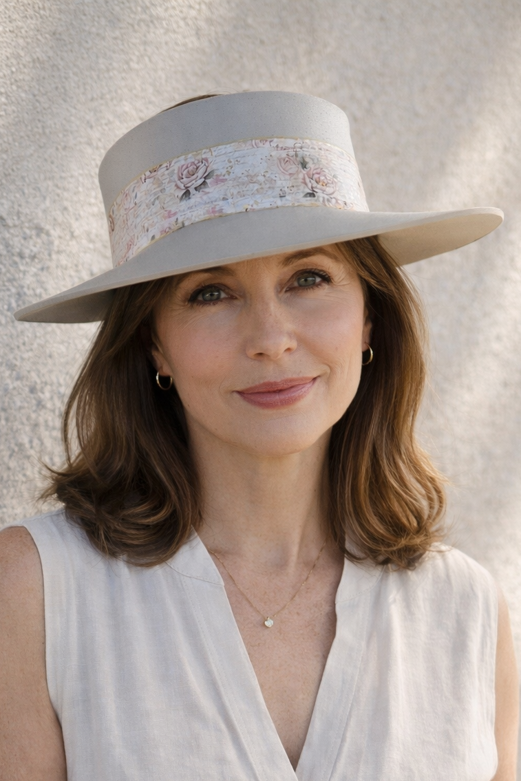 Woman wearing a light-colored hat with lace details against a neutral background