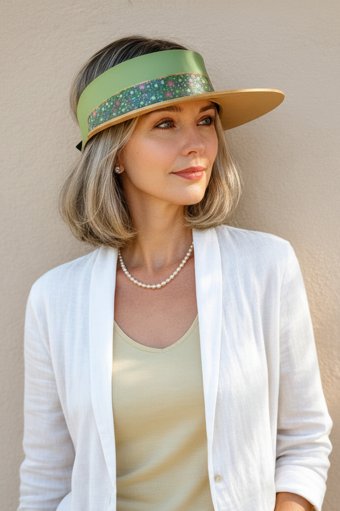 Woman wearing a visor and white cardigan against a beige background