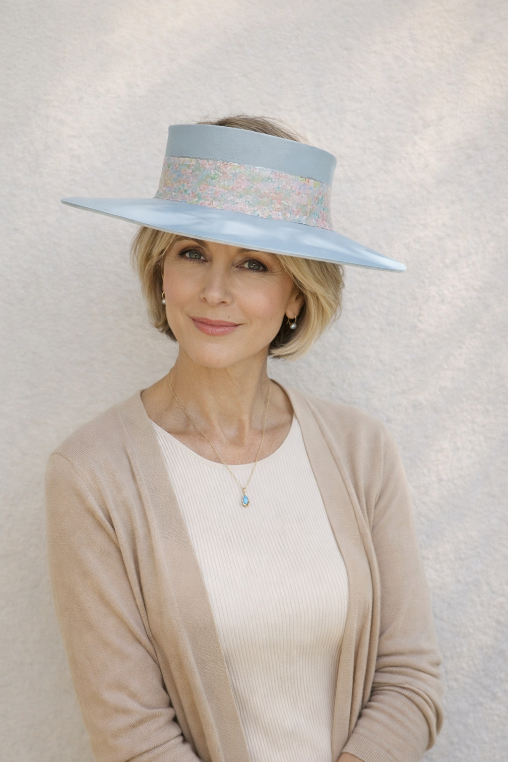 Tall Light Blue "LadyEVA" Visor Hat with Pastel Floral Band