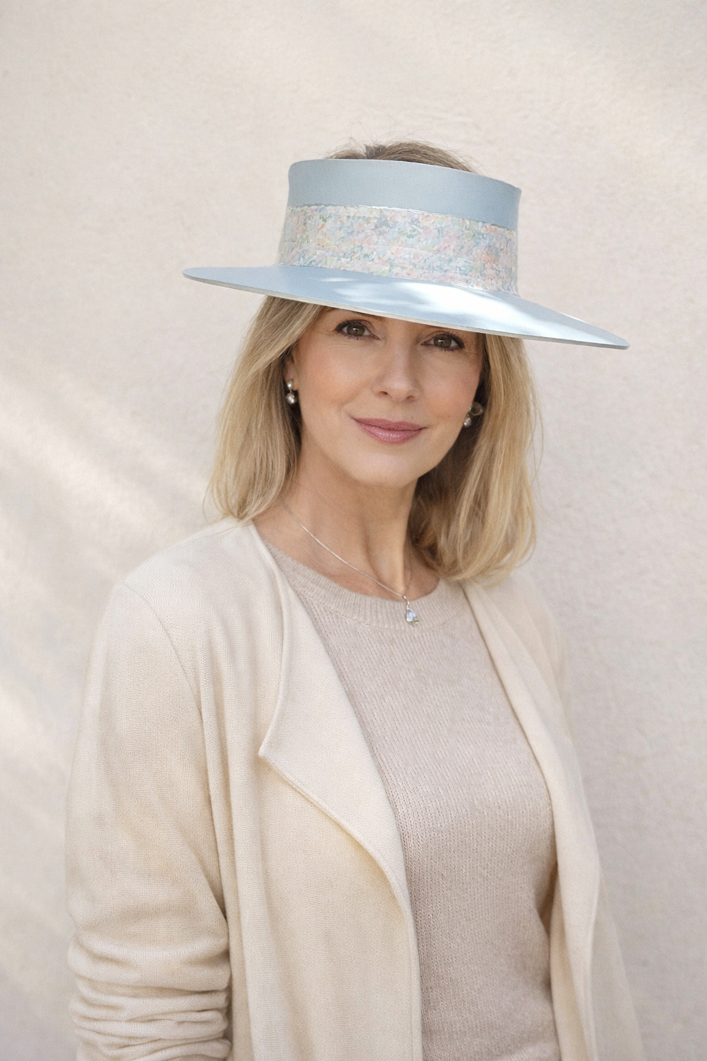 Tall Light Blue "LadyEVA" Visor Hat with Pastel Floral Band